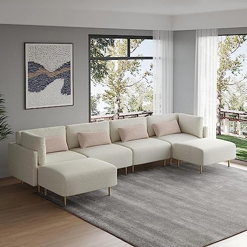 Mgh 143''Convertible Sectional Sofa , Modern Linen Fabric U-Shape Modular Couch 4-Seat Sofa Sectional With Reversible Ottomans For Apartment Living Room Furniture Sets, Beige (Hq-023B) #TOP5