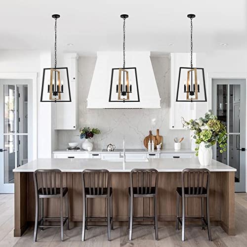 Ankita 18.7" 4-Light Rustic Farmhouse Foyer Chandelier, Lantern Pendant Light. Smoked Birch Wood Style With Black Finish For Dining Room, Kitchen Island, Foyer Or Stairway #TOP1