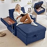 Thctvous Chaise Lounge Chair Indoor with Ottoman, Corduroy Sofa Bed with Table Board, USB Ports, Cup Holder & Pillow, Boneless Chaise Lounge for Storage Space Living Room Bedroom Apartment (Blue)