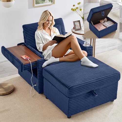 Thctvous Chaise Lounge Chair Indoor with Ottoman, Corduroy Sofa Bed with Table Board, USB Ports, Cup Holder & Pillow, Boneless Chaise Lounge for Storage Space Living Room Bedroom Apartment (Blue)