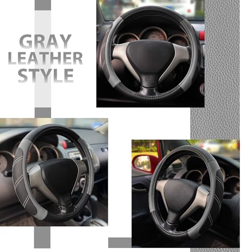 image for Elantrip Leather Large Steering Wheel Cover 15 1/2 to 16 inch Soft Gri