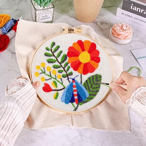 Image of KESTAR Punch Needle Embroidery Starter Kits, Flower Dragonfly Punch Needle Kits for Adults Beginner, Needle Punch Kit Tool with Instruction Threader Fabric Yarns and Hoop