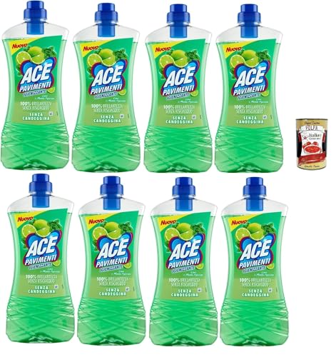 ACE Pavimenti - Limpiador de suelos higiénico, lima y menta, sin lejía, limpia a fondo y aporta brillo a los suelos, 8 unidades de 1 litro + Polpa italiana Gourmet 400 g