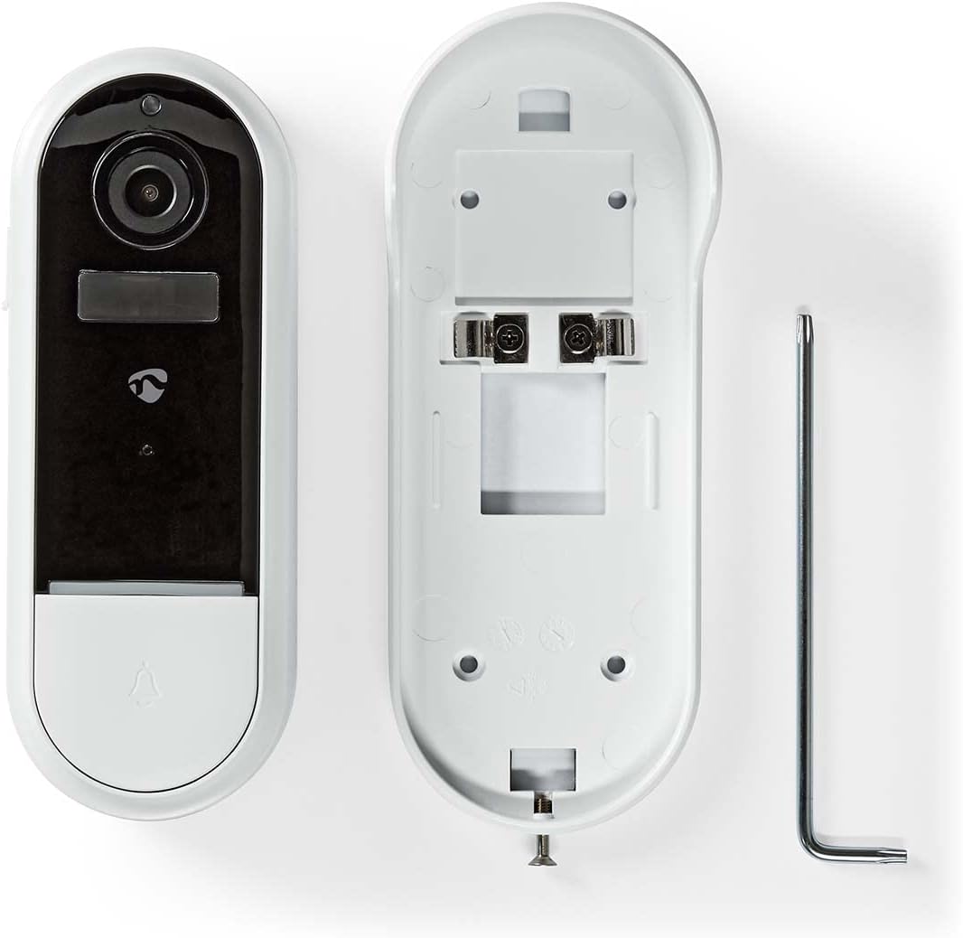 Tukangeun view of the Nedis Smartlife WIFICDP30WT Video Door Intercom with mounting bracket and installation tool