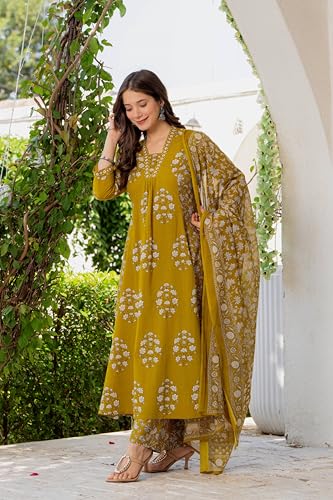 Image of PARTHVI Women's Pure Cotton Block Printed Ethnic Wear Kurta & Palazzo Pants & Dupatta Set