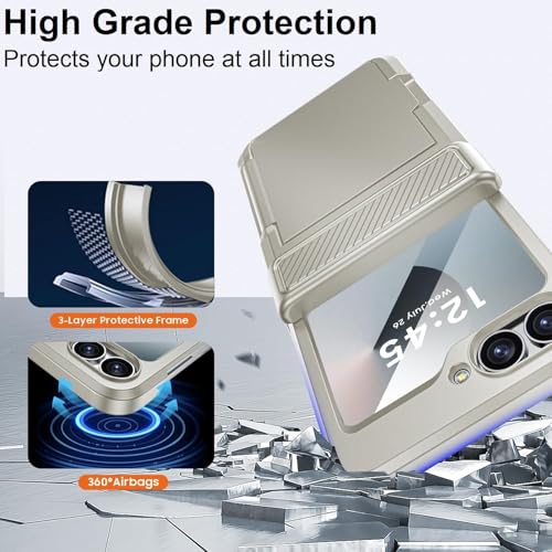 Image of Midkart Card Holder Case Compatible with Samsung Galaxy Z Flip 6 / Z Flip 7 FE with Hinge Protection Built-in Screen Protection Armor Cover Shockproof, Natural Titanium