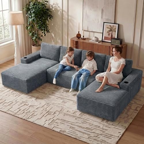 Image of 133 inch U-Shape Cloud Couch, Modern Modular Sectional U-Shape Sofa, Corduroy Boneless Couch Upholstered Couches Deep Seat Sleeper Chaise Longue for Living Room, No Assembly Required,Dark Gray