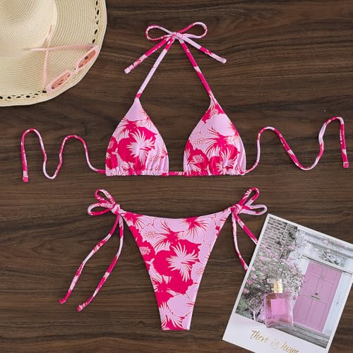 Image of Tainehs Women's Sexy Halter Thong Bikini Tie Two Sides Bottom Triangle Bikini Swimsuits