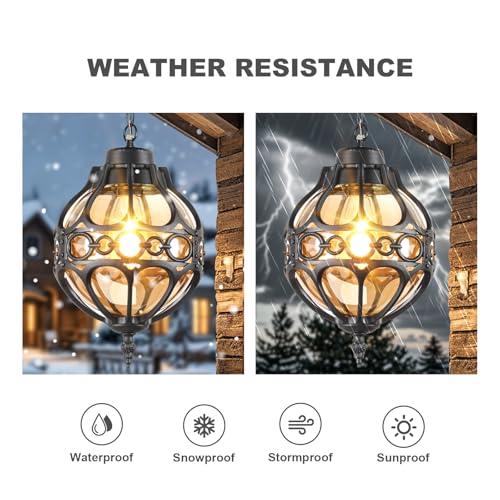 Globe Outdoor Pendant Lights for Porch Patio Garage, Matte Black Aluminum Anti-Rust Hanging Light Fixture, Industrial Round Amber Glass Exterior Chandelier, Outside Pendant Lamp, 2 Pack