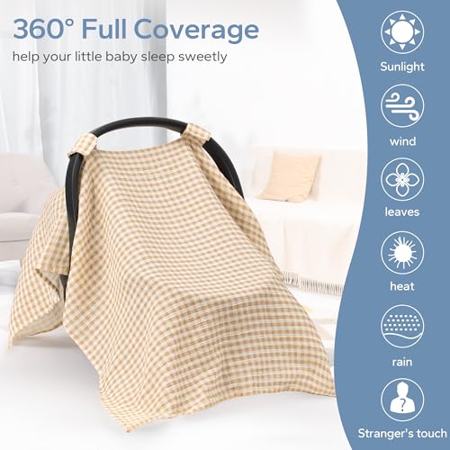 Image of SERAPHY 100% Muslin Cotton Car Seat Covers for Babies, Universal Baby Car Seat Cover, Breathable Muslin Carseat Cover Canopies for Boys and Girls, Soft Infant Car Seat Cover for Summer - Beige