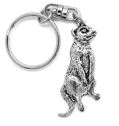 Meerkat Silver Pewter Keyring (single sided) in a Burlap Gift Pouch