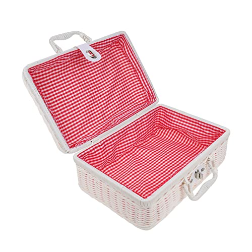 WEKAMOS Maleta Tejida a Mano De Ratán Sintético Pequeña 30x21x12 Cm Forro Blanco y Cierre De Seguridad, Caja De Almacenamiento Retro Para Uso Doméstico y Organizador Portátil