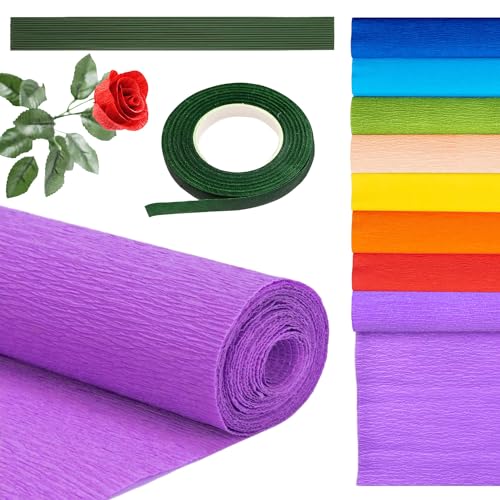 8 Couleurs Papier Crépon Papier Crepon Papier Crépon pour Fleurs 25 * 250cm 1 Rouleau de Ruban Floral Vert Et 20 Tiges de Fil Floral Vert pour Créer Des...