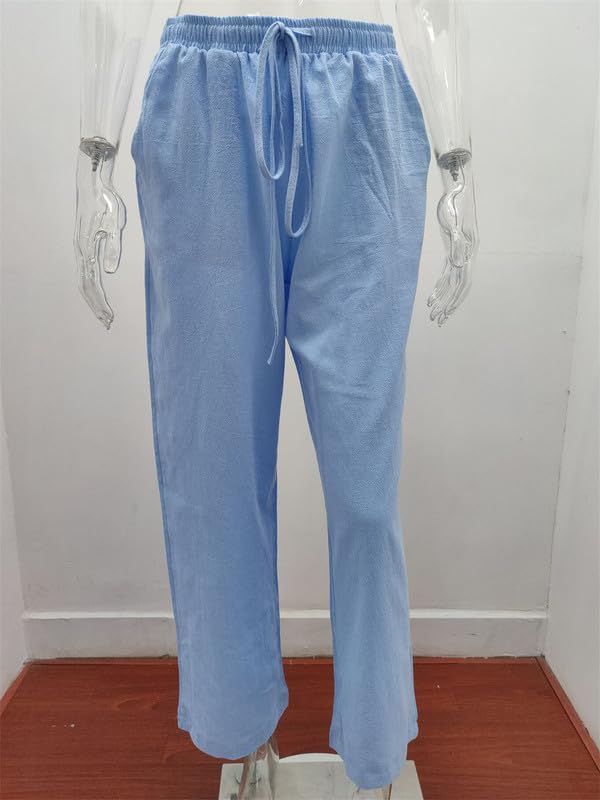 Andongnywell Women's Cotton and Linen Casual Pants Big feet Flared Drawstring Pocket Solid Color Wide Leg Pants3