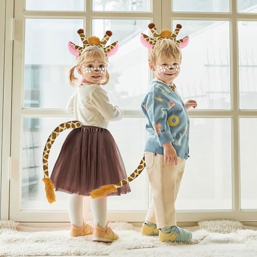 SAIIURV 5 Stück Kostüm Giraffen für Kinder Tierkostüm mit Giraffe Ohren Haarreif Fliege Schwanz Gesichtstattoo Mädchen Tutu, Tierohren Stirnband Halloween Fasching Karneval Fasching Party (Deer)