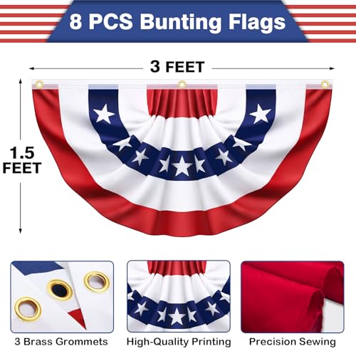 Image of 8 Pack American USA Pleated Half Fan Bunting Flags 1.5 x 3 Feet Bunting Flags Outdoor Patriotic Half Fan Banner Flag for Memorial Day Fourth of July Independence Day 4th of July Decorations