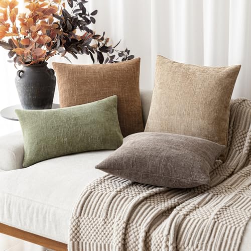 Image of Foindtower Pack of 2 Textured Chenille Throw Decorative Pillow Covers Square Accent Solid Cushion Cover Neutral Farmhouse Lumbar Pillow Case for Couch Sofa Bedroom Living Room 12x20 Inch,Sage Green