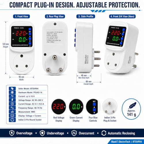 BlackT ElectroTech BTSVP04 16A 3 PIN Adjustable Voltage Protector Socket, Over/Under Voltage & Overcurrent Cut-Off, Digital V/A Display with Auto Recovery, White - Image 6