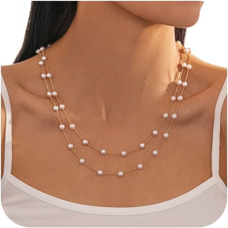 Pearls Necklaces for Women-18K Gold Plated Layered Gold Pearl Necklaces Dainty White Pearls Choker Necklace Chain Pearl Necklace for Women Elegant Valentines Gifts