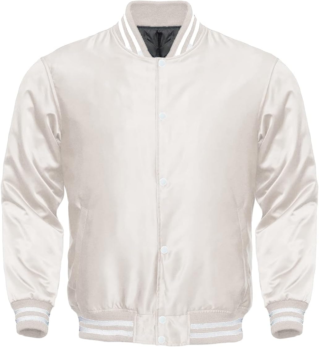 Men's Varsity Bomber Style All Satin Jacket Letterman Baseball Knit Rib Jacket