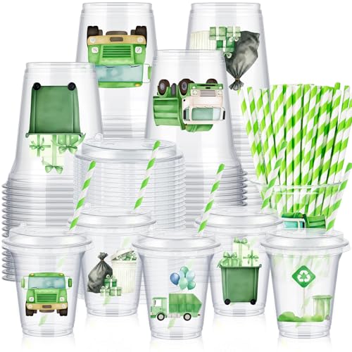 FoldTier 60 Set 14 oz Garbage Trash Truck Cups with Lids and Straws
