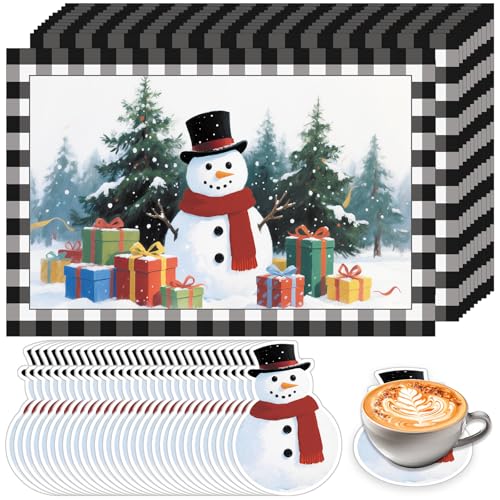 50 Pcs Christmas Paper Placemats, Christmas Tree Snowman Disposable Paper Place Mats with Coasters - 11 x 16.5 Inch Xmas Placemats Table Mats for Xmas Party Kitchen Dining Table Decor