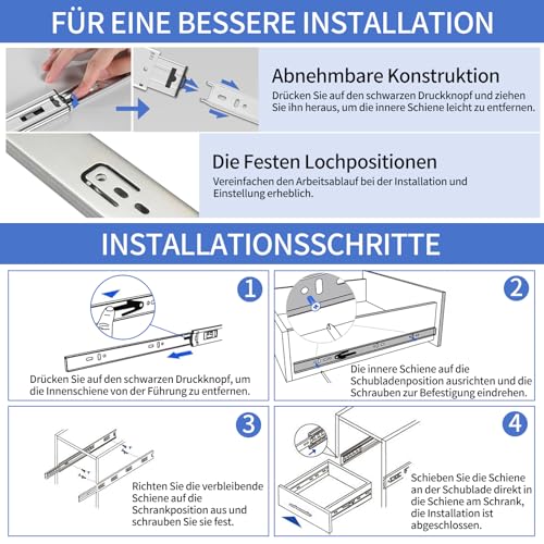 Schubladenschienen 350mm, 1 Paar (2 Stk.) Kugelauszug, 35mm Nut Schubladenauszug, Vollauszug Schubladenführungen mit Montageschrauben, Schubladen Schienensystem, Schubladen Führung belastbar bis 35 kg