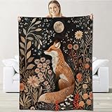 Cromcu Fox Blanket for Boys Girls Kids, Flannel Throw Blanket, Floral Moon Fox Throw, 60' x 50'