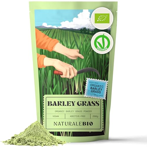 NaturaleBio Raw Organic Barley Grass Powder, 200g. Bio, Natural and Pure, Grown in Europe. Ideal for Green juices, Smoothies and Recipes. Suitable for Vegetarians and Vegans. (Pack of 1)