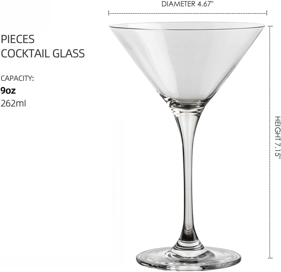 Straight-Stem Crystal Martini Glasses, Set of 6, 9 oz – Perfect for Housewarming and Work Gatherings (Set of 6)