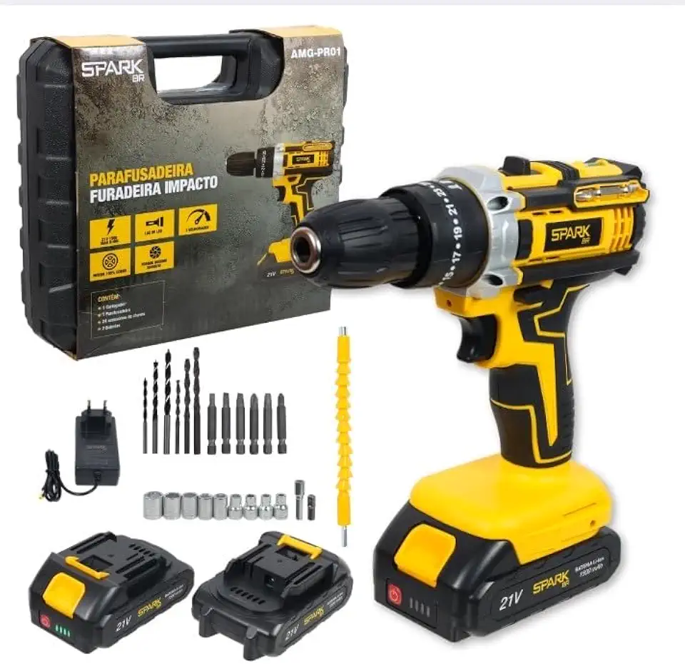 Furadeira Parafusadeira Impacto SparkBr AMG-PR01 21V 26 Acessorios 2 Baterias Cm LED Maleta Profissional Recarregável