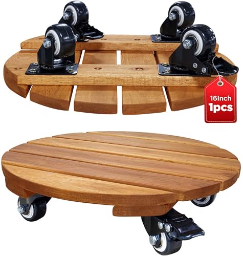 Idzo 16inches Capacity 500lbs Wood Plant Caddy With Wheels Heavy Duty, Acacia Hardwood Plant Dolly, Plant Stand with 360° Lockable Wheels for Plant Pots, Heavy Objects Hauling - Natural Wood