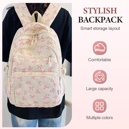 Bow Backpack for Women, 2025 New Bow Backpack Bags Set, Cute Kawaii Backpack Set, Coquette Nylon Backpack With Bow Pattern (Pink)2