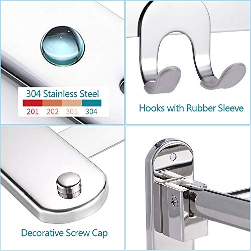 Hoonex Foldable Towel Rack For Bathroom Wall Mounted, 24 Inch Towel Shelf With Towel Hooks And Adjustable Towel Bar, 304 Stainless Towel Holder, Polished Silver #TOP5