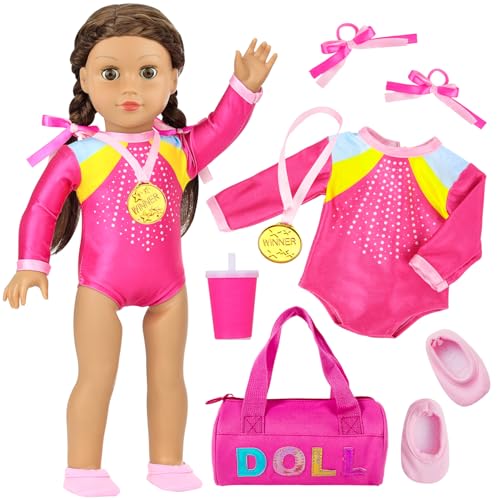 K.T. Fancy 18 Inch Doll Gymnastics Clothes Set - Pink Leotard, Shoes, Gym Bag, Olympic Medal, Water Bottle & Hair Accessories for Play （Doll Not Included）