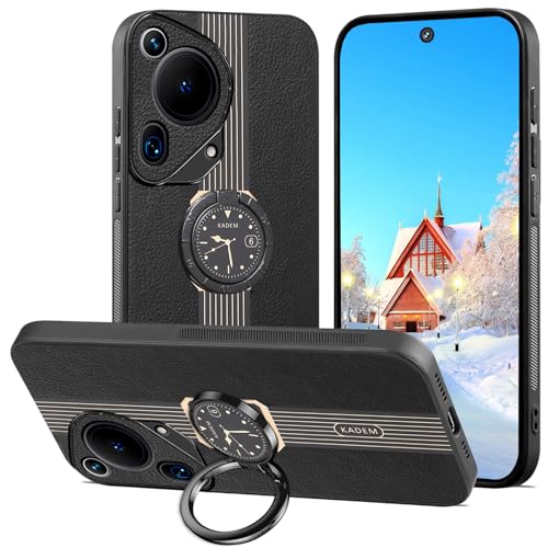 Yarxiawin for Huawei Pura 70 Ultra Case Leather with Ring Holder Black, Rugged Heavy Duty Huawei Pura 70 Ultra Phone Case Shockproof with Kickstand Slim Cover Anti-Slip (Black 2)