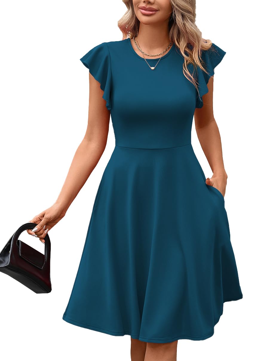 MSLG Women's Fit and Flare Ruffle Short Sleeves Dresses Work V-Back Cocktail Semi Formal A Line Dress with Pockets 842