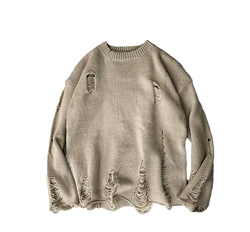 Rfmfkkg Men Wash Hole Ripped Knit Sweaters Solid Color Ripped O Neck Couple Sweater2