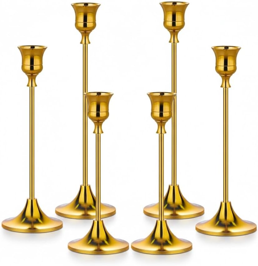 Gold Candlestick Holders Set of 6 – Decorative Taper Candle Holders for Home Decor, Weddings, Parties – Metal Candle Stands Brushed Finish – Easy Assembly – Fits Standard & LED Candles - Christmas