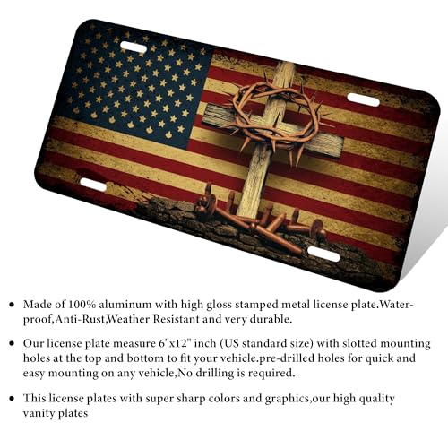 American Flag Jesus Cross Vanity Plate Patriotic American Flag Decorative Car Tag – USA Flag Display Sign – Car Tag US Vehicles Standard for Women Men 12x6 Inch
