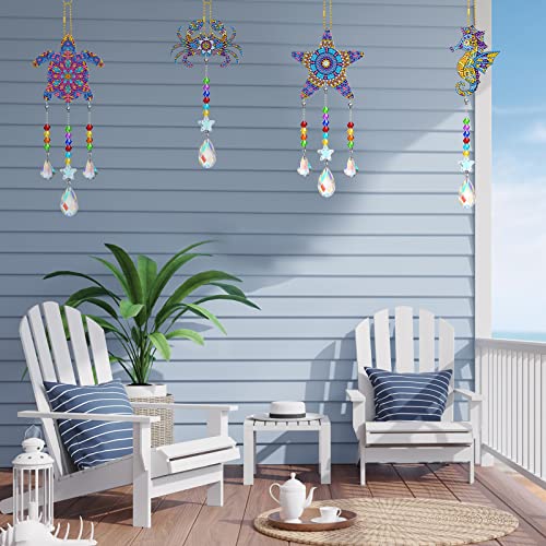 4 Pcs Diamond Painting Art Suncatcher Wind Chime 5D Double Sided Crystal Rhinestone Big Gem Diy Diamond Art Suncatchers Sea Animal Hanging Ornament With Chain Pendant For Adult Kid Craft Window Decor #TOP3