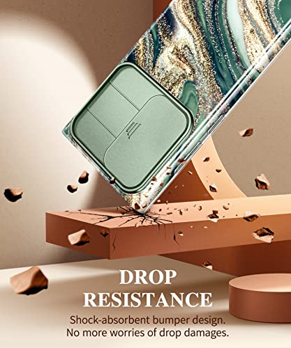 Gviewin Compatible With Samsung Galaxy S23 Ultra Case With Slide Camera Cover, [Military Grade Drop Protection] Slim Marble Shockproof Protective Phone Case Fit S23 Ultra 5G 6.8" (Surf/Green) #TOP5