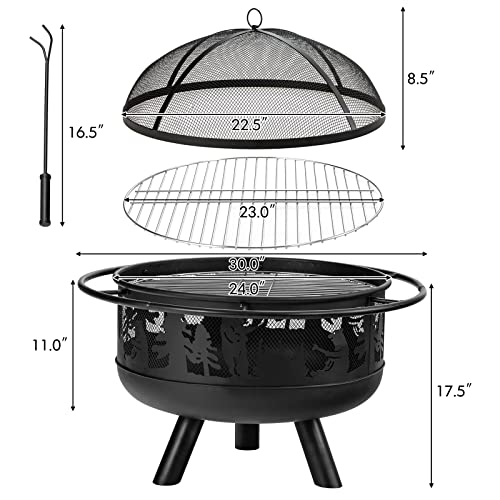 Giantex Round Fire Pit, 30 Inch Outdoor Wood Burning Fire Bowl With Fire Poker & Cooking Grill Grid, Spark Screen Cover, Heavy-Duty Metal Firepit For Patio Barbecue Camping Bonfire Party (Black) #TOP6