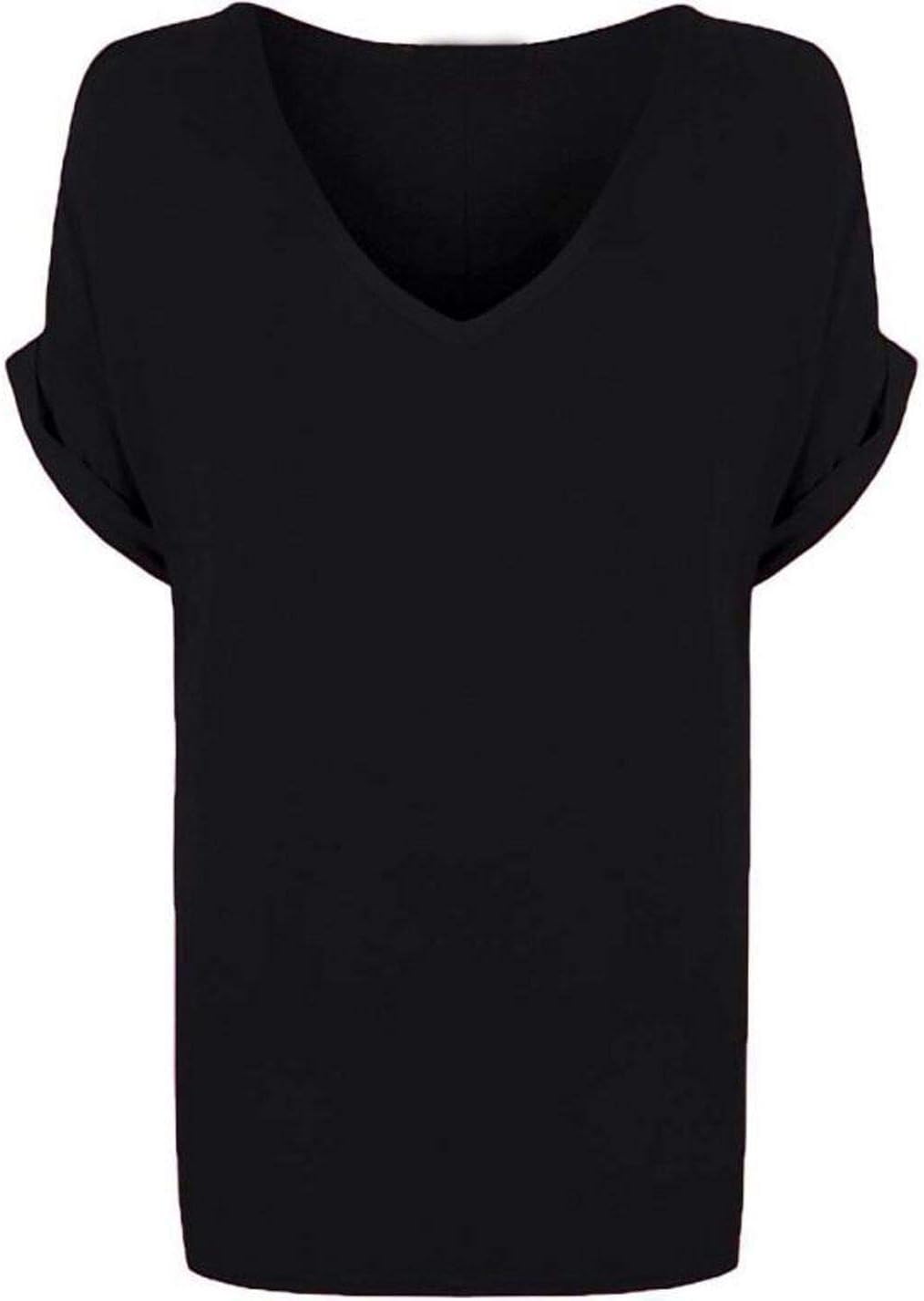 heartcatchersNew Ladies Women V Neck Turn up Short Sleeve Baggy T-Shirt Top Plus Size UK 8-26 (XXXL (24/26 UK).Black)