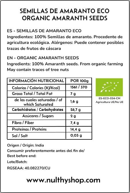 NULTHY 1kg - Semillas de Amaranto BIO, Cultivo Ecológico Natural, Fuente de Proteína Vegetal, Ideal para Yogures y Bowls, Vegano