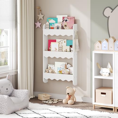 MAHANCRIS Kids Bookshelf, 3-Tier Wall Mounted Bookshelf, Wooden Behind The Door Book Storage, Hanging Book Shelf for Kids Room, Playroom, Bedroom, Nursery, White KBWT8701