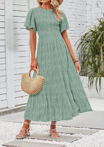 Image of ZESICA Women's 2026 Summer Boho Floral Maxi Dresses Casual Short Flutter Sleeve Smocked Tiered Flowy Dress