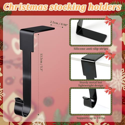 Edoneery Christmas Stocking Holder for Mantle Fireplace, Non Slip Silicone Pad Mantel Stocking Hangers for Shelves, Hanging Decorations Hooks for Family Xmas Holiday Party (Black, 6)