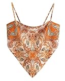 Women's Boho Paisley Print Satin Bandana Top Hanky Hem Tie Back Adjustable Spaghetti Strap Cami Tube Tops