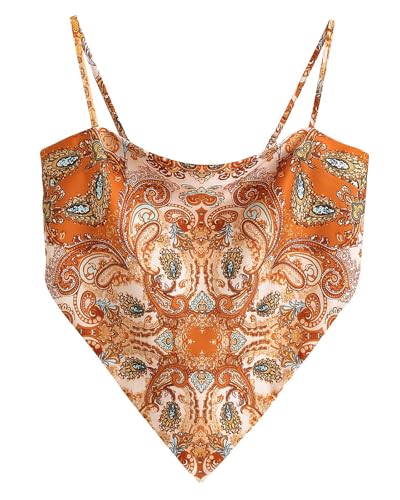 Women's Boho Paisley Print Satin Bandana Top Hanky Hem Tie Back Adjustable Spaghetti Strap Cami Tube Tops